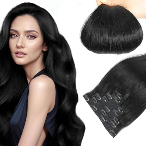 LieblichWelle Clip In Extensions Echthaar Schwarz 45cm 7Stück 80g, Salon-Klasse Qualität, Einfaches und Angenehmes Tragen für Frauen (Tiefschwarz, 45cm-80g) von LieblichWelle