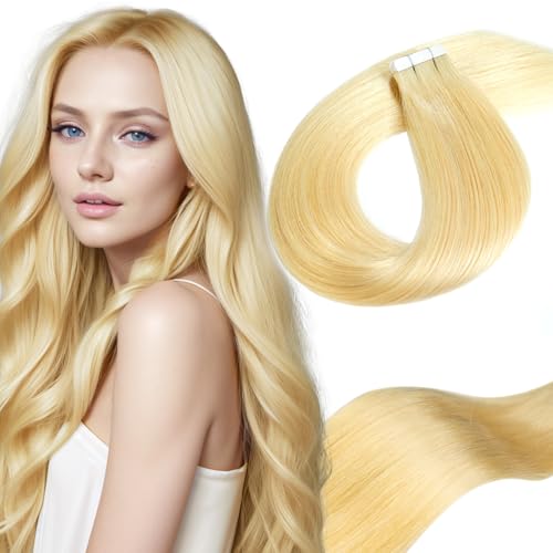 LieblichWelle Tape Extensions Echthaar Gebleichtes Blond 45cm, 20Stück, 50g/Packung, Salon-Klasse Qualität, Einfaches und Angenehmes Tragen für Junge Frauen (Gebleichtes Blond, 45 cm) von LieblichWelle