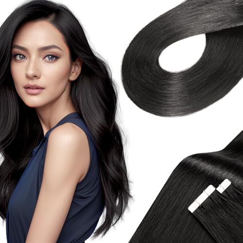 LieblichWelle Tape Extensions Echthaar Off Schwarz 55cm, 20Stück, 50g/Packung, Salon-Klasse Qualität, Einfaches und Angenehmes Tragen für Junge Frauen (Off Schwarz, 55 cm) von LieblichWelle