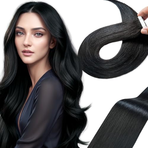 LieblichWelle Tape Extensions Echthaar Tiefschwarz 45cm, 20Stück, 50g/Packung, Salon-Klasse Qualität, Einfaches und Angenehmes Tragen für Junge Frauen (Tiefschwarz, 45 cm) von LieblichWelle