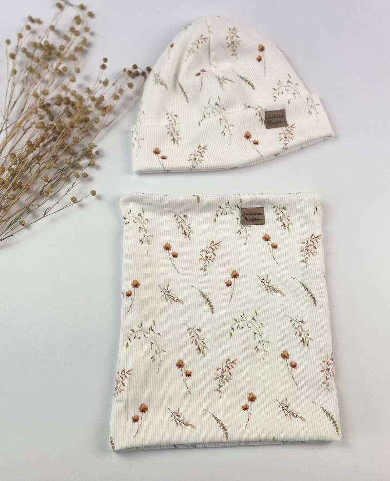 Hipster Beanie Set Baby Kind Mütze Rippjersey Flower von LieblichkeitenManufa