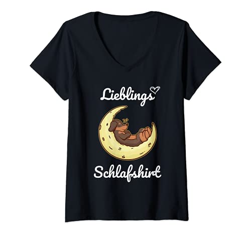 Damen Lieblings Schlafshirt Dackel Pyjama Schlafanzug Morgenmuffel T-Shirt mit V-Ausschnitt von Lieblings Schlafshirt Chill Hund Geschenk