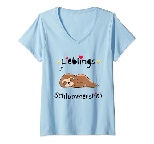 Damen Lieblings Schlafshirt Faultier mit Herz Schlafanzug bunt T-Shirt mit V-Ausschnitt von Lieblings Schlummershirt Schlaf Motive