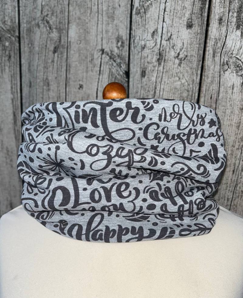 Bio Loop Schal Fleece Kuschelschal - Winter Schrift Grau Neu von Lieblingsstueck4U