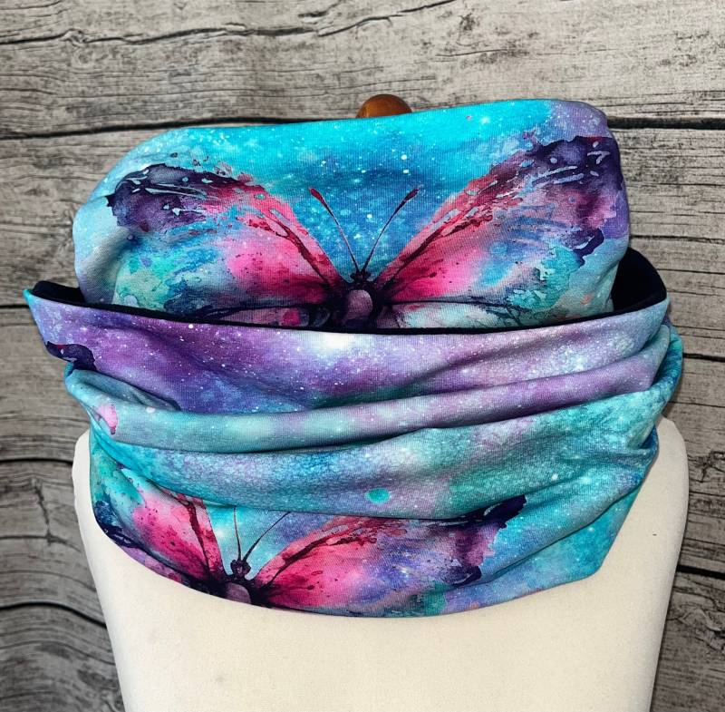 Doppel Loop Fleece Schal Kuschelschal - Schmetterlinge Türkis Pink Neu von Lieblingsstueck4U