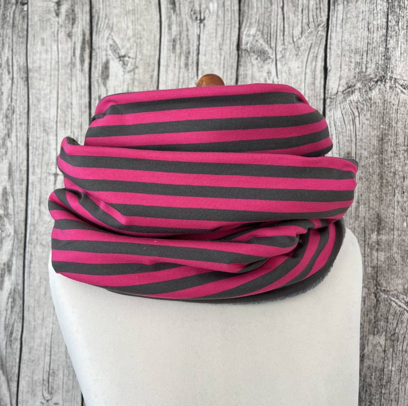 Doppel Loop Fleece Schal Kuschelschal - Streifen Pink Grau Neu von Lieblingsstueck4U