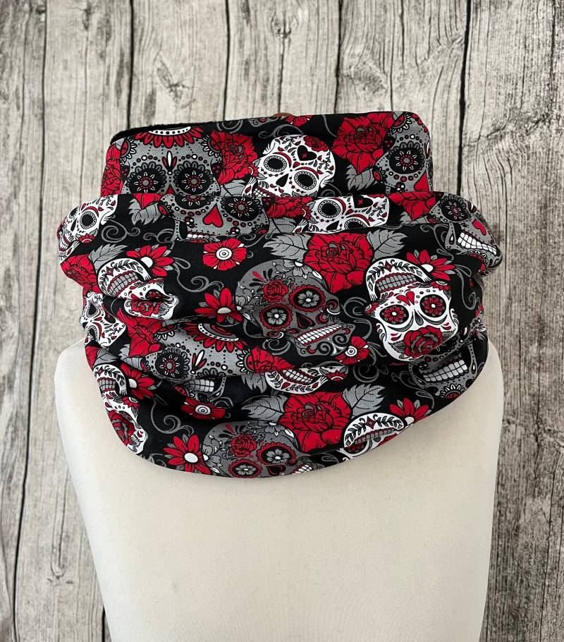 Doppel Loop Fleece Schal Kuschelschal - Totenkopf Rot Schwarz Grau Neu von Lieblingsstueck4U