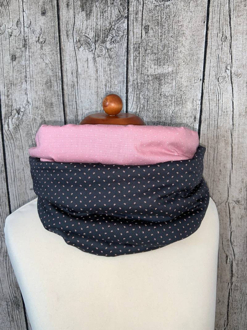 Doppel Loop Schal Fleece Kuschelschal - Punkte Rosa Grau Neu von Lieblingsstueck4U