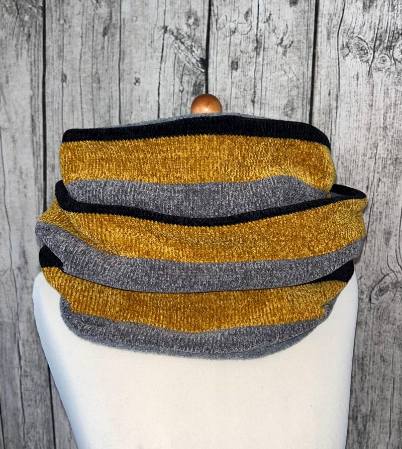 Doppel Loop Schal Fleece Kuschelschal - Steifen Schwarz Gelb Grau Neu von Lieblingsstueck4U
