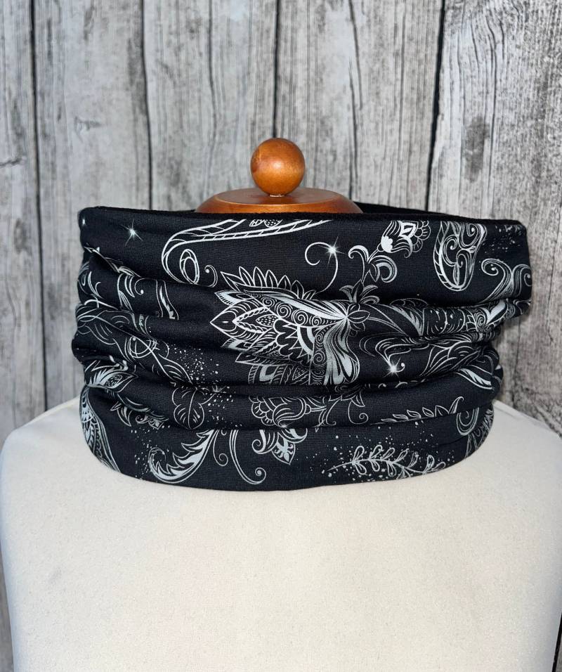 Loop Schal Fleece Kuschelschal - Blume Blätter Schwarz Silber Neu von Lieblingsstueck4U