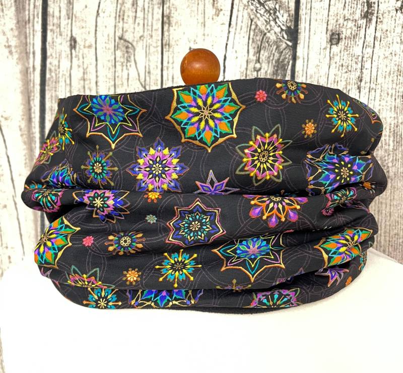 Loop Schal Fleece Kuschelschal - Blumen Mandala Schwarz Neu von Lieblingsstueck4U