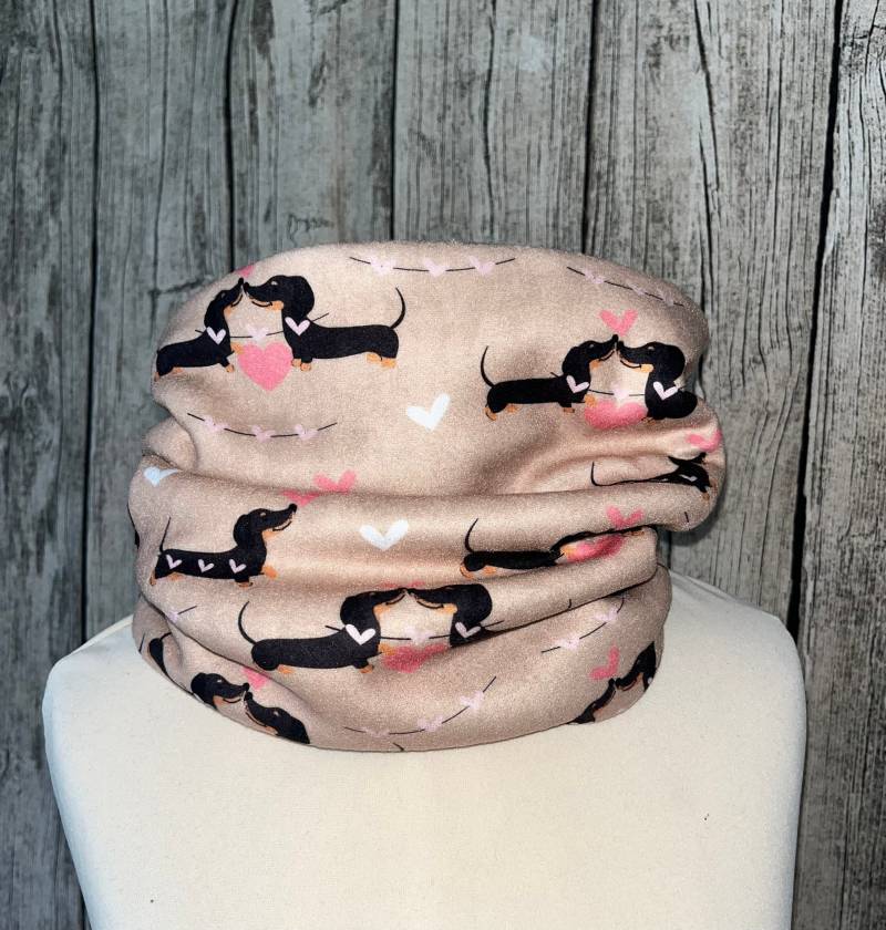 Loop Schal Fleece Kuschelschal - Dackel Hund Herz Beige Neu von Lieblingsstueck4U