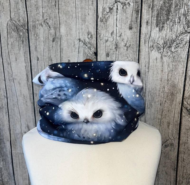 Loop Schal Fleece Kuschelschal - Eule Weiß Grau Blau Neu von Lieblingsstueck4U