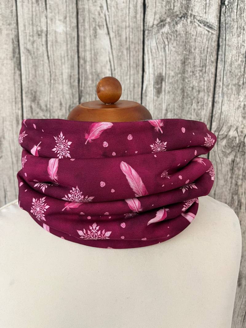 Loop Schal Fleece Kuschelschal - Feder Schneeflocke Eiskristall Rot Beere Neu von Lieblingsstueck4U