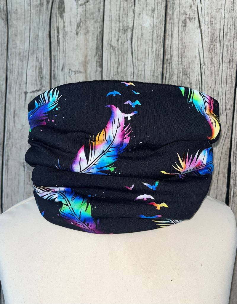 Loop Schal Fleece Kuschelschal - Feder Vögel Regenbogen Blau Neu von Lieblingsstueck4U