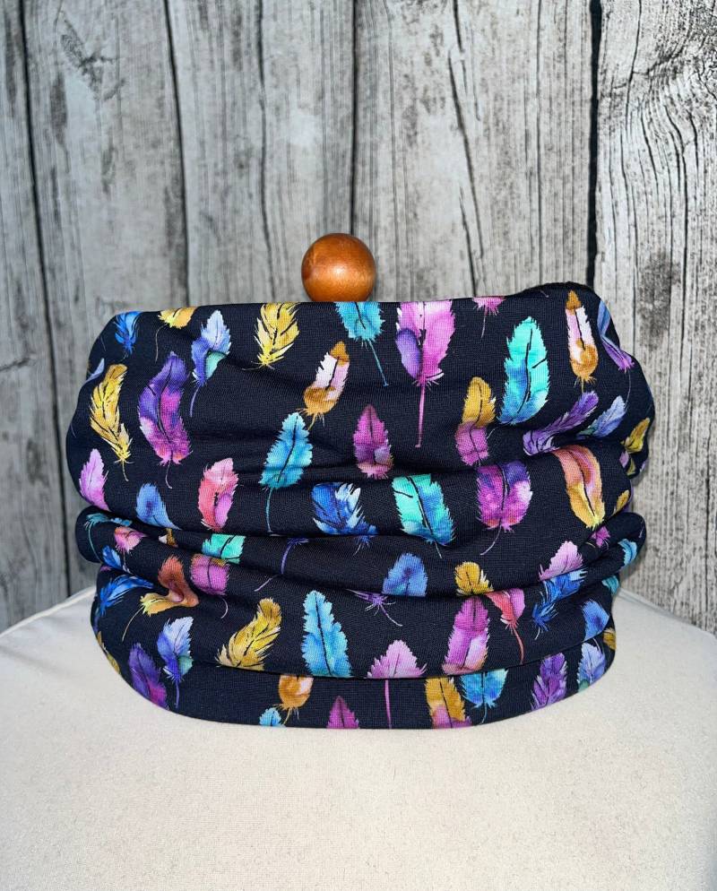 Loop Schal Fleece Kuschelschal - Federn Feder Schwarz Bunt Neu von Lieblingsstueck4U
