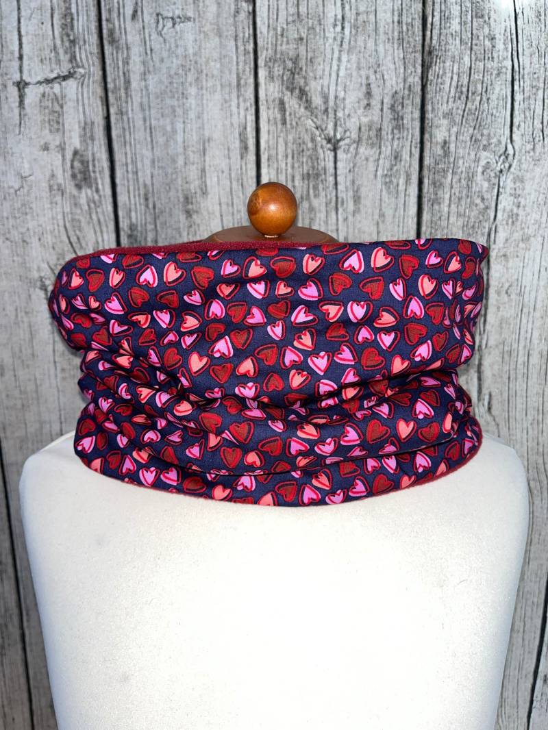 Loop Schal Fleece Kuschelschal - Herzen Dunkelblau Rot Neu von Lieblingsstueck4U