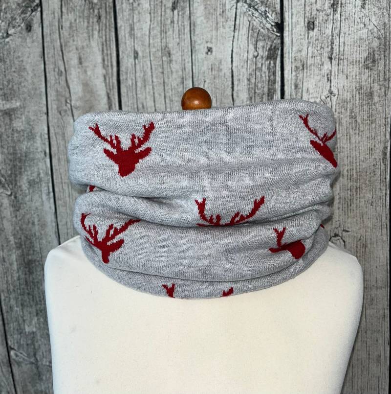 Loop Schal Fleece Kuschelschal - Hirsch Reh Elch Grau/Rot Neu von Lieblingsstueck4U