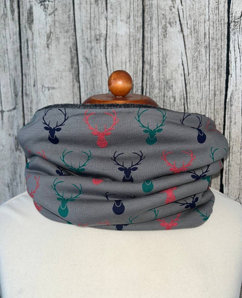 Loop Schal Fleece Kuschelschal - Hirsch Reh Elch Grau Grün Rot Glitzer Neu von Lieblingsstueck4U