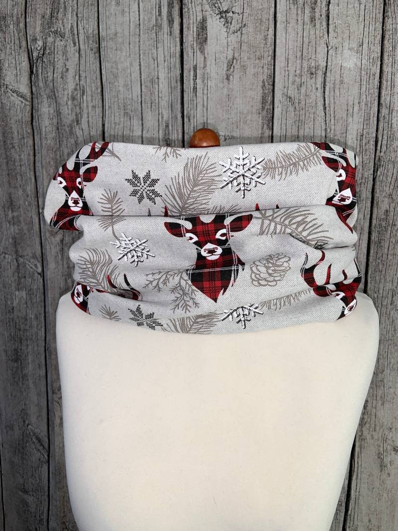 Loop Schal Fleece Kuschelschal - Hirsch Rot Karo Neu von Lieblingsstueck4U