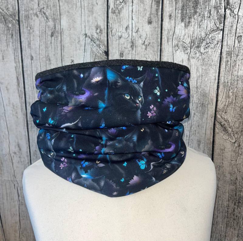 Loop Schal Fleece Kuschelschal - Katze Katzen Blumen Schmetterling Schwarz Neu von Lieblingsstueck4U