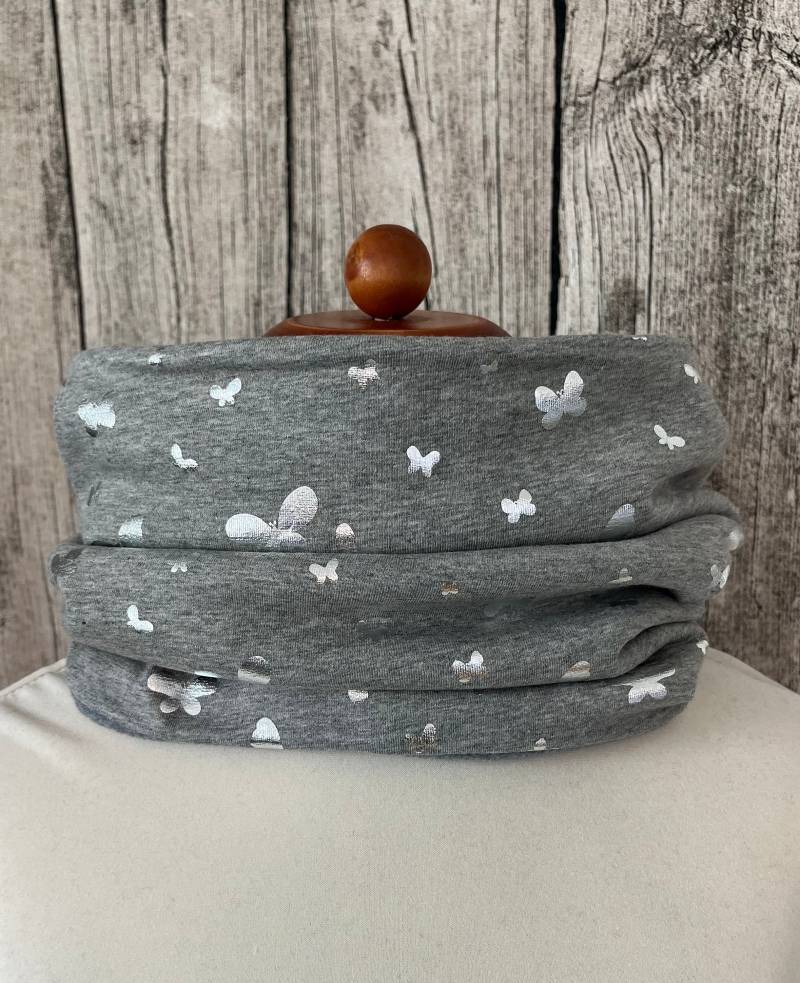Loop Schal Fleece Kuschelschal - Schmetterlinge Grau Silber Neu von Lieblingsstueck4U