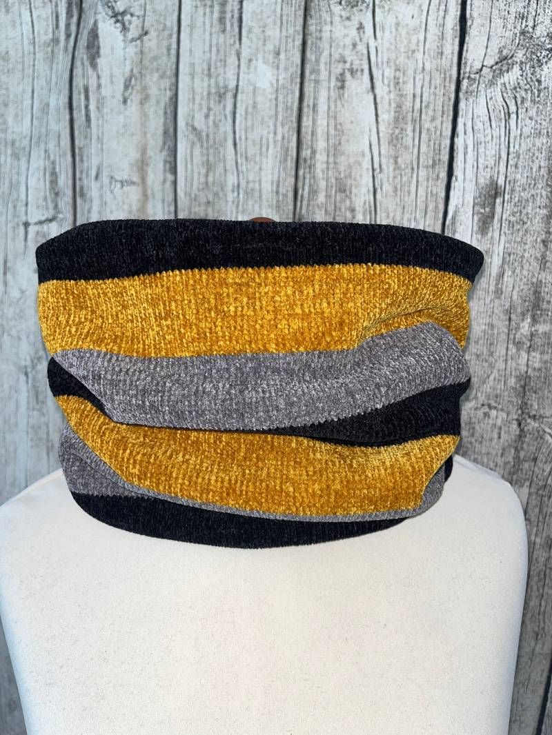 Loop Schal Fleece Kuschelschal - Steifen Schwarz Gelb Grau Neu von Lieblingsstueck4U