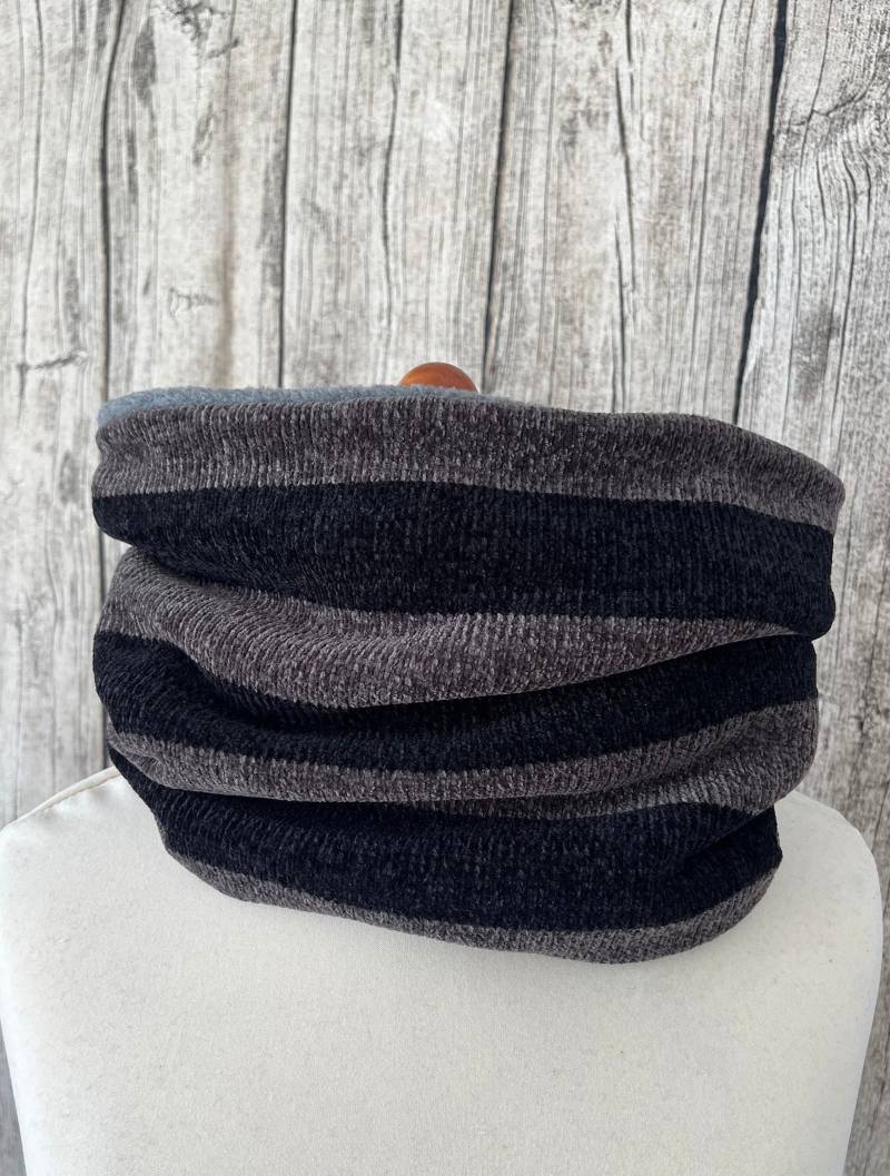 Loop Schal Fleece Kuschelschal - Steifen Schwarz Grau Neu von Lieblingsstueck4U
