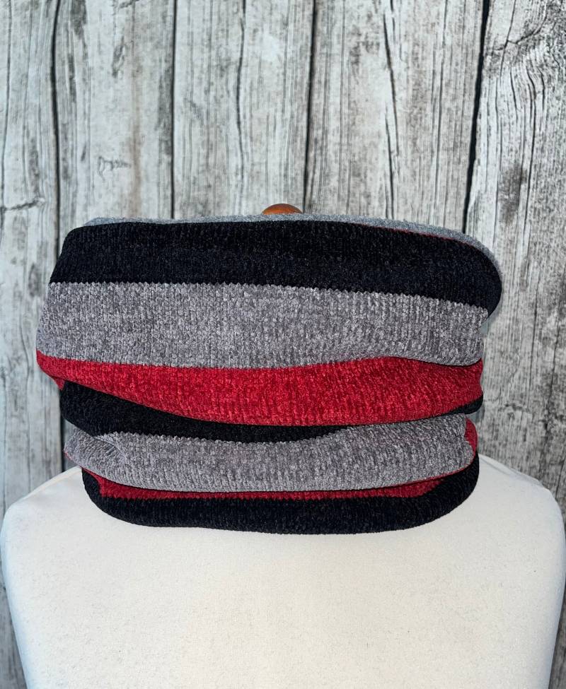 Loop Schal Fleece Kuschelschal - Steifen Schwarz Rot Grau Neu von Lieblingsstueck4U