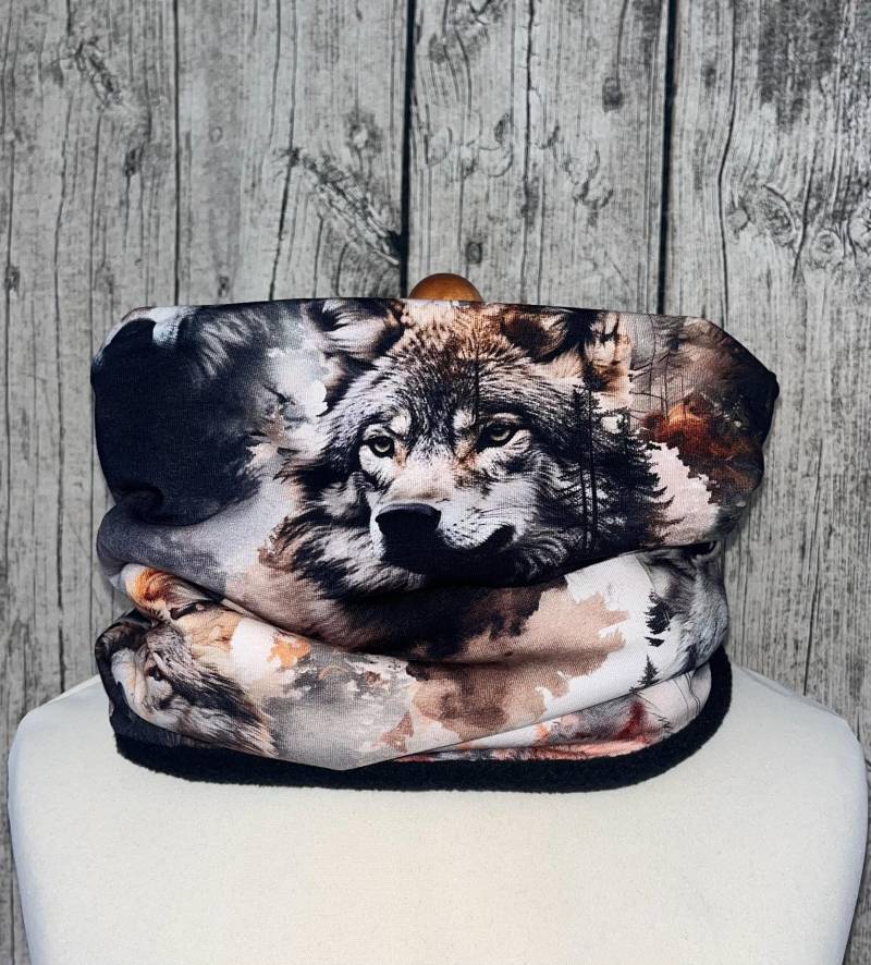 Loop Schal Fleece Kuschelschal - Wolf Wölfe Grau Braun Neu von Lieblingsstueck4U