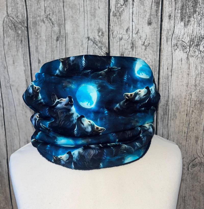 Loop Schal Fleece Kuschelschal - Wolf Wölfe Mond Blau Neu von Lieblingsstueck4U