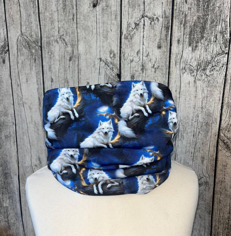 Loop Schal Fleece Kuschelschal - Wolf Wölfe Mond Weiß Blau Neu von Lieblingsstueck4U