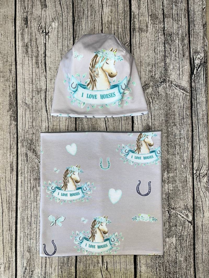 Set Bio Wende Mütze Beanie & Loop - I Love Horses Pferde Gr. 47-54cm Neu von Lieblingsstueck4U