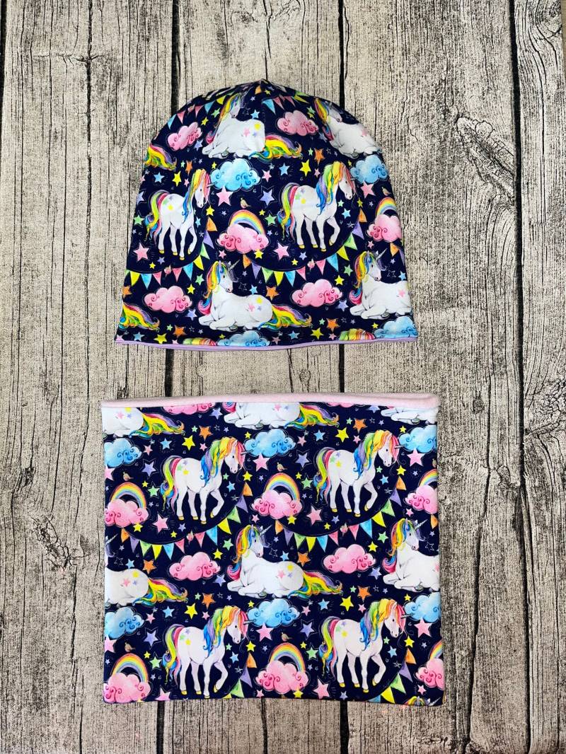 Set Mütze Beanie & Loop - Einhorn Regenbogen Gr. Ca. 47-54cm Neu von Lieblingsstueck4U