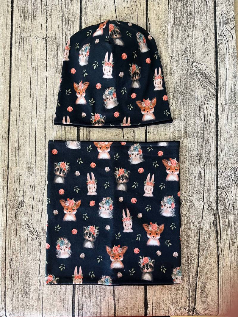 Set Mütze Beanie & Loop - Romantik Tiere Schwarz Gr. Ca. 47-54cm Neu von Lieblingsstueck4U