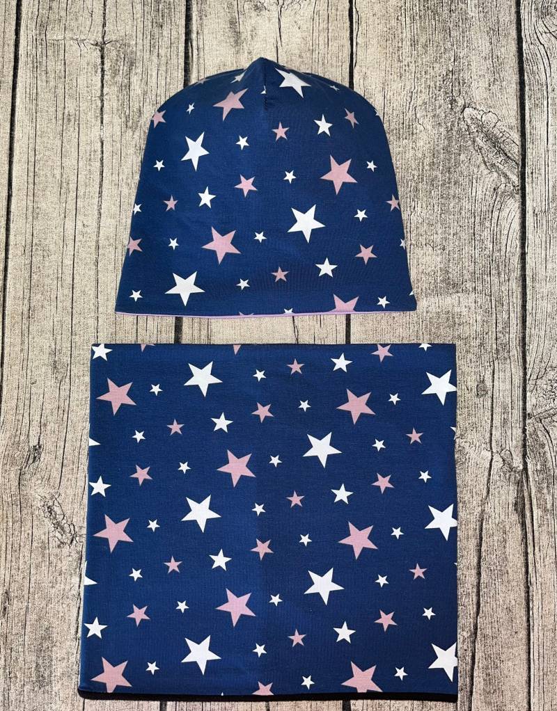 Set Mütze Beanie & Loop - Sterne Blau Rosa Gr. Ca. 47-54cm Neu von Lieblingsstueck4U