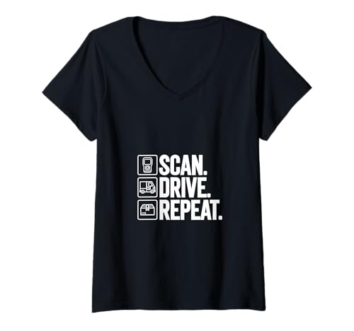 Damen Scan Drive Repeat - Paketbote T-Shirt mit V-Ausschnitt von Lieferfahrer und Paketboten Designs