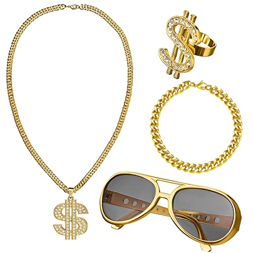 Liekadijiae 4 Stück Dollar Kette set, Hiphop Schmuck, Rockstar Rapper Dekorieren, Retro 80er, 90er Jahre Accessoires, Goldene Dollar Kette und Ring Brille, für Geburtstage,Themenparty von Liekadijiae