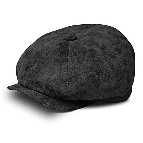 fiebig 8-Panel Pigskin Flatcap für Herren & Damen | Schiebermütze aus Leder | Schirmmütze mit Innenfutter | Lederkappe für das ganze Jahr | Ballonmütze mit Schirm (59-L, schwarz) von fiebig