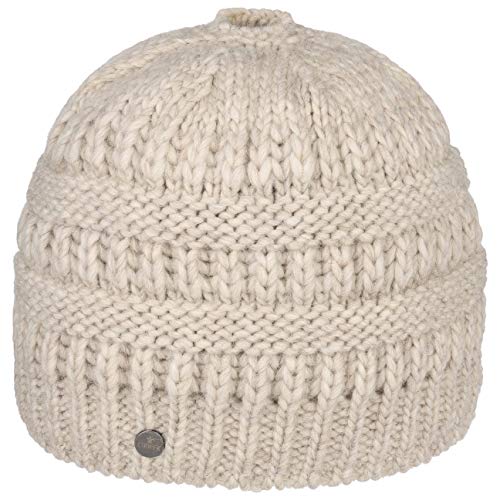 LIERYS Mütze mit Zopfloch Damen Strickmütze Beanie Schurwolle Alpakawolle Futter Baumwolle Herbst/Winter Hellbeige One Size von LIERYS