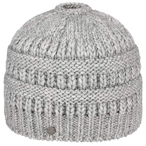 LIERYS Mütze mit Zopfloch Damen Strickmütze Beanie Schurwolle Alpakawolle Futter Baumwolle Herbst/Winter hellgrau One Size von LIERYS