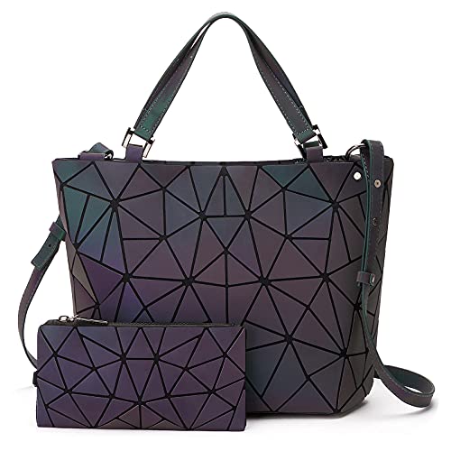 Damen-Handtaschen, geometrisch, leuchtende, holografische Tasche, Rucksack, Geldbörse, Tragetasche, Portemonnaie, Violett (Lila-d), Large von Lieseh
