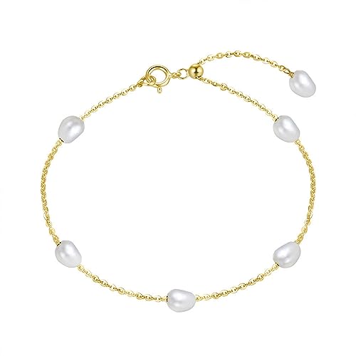 Lieson 925 Sterling Silber Armband Damen, Gliederarmband Einfach Kette mit 5MM Perle Gold 24CM, Geburtstag Muttertag Weihnachten Geschenk für Mama Ehefrau Freundin von Lieson