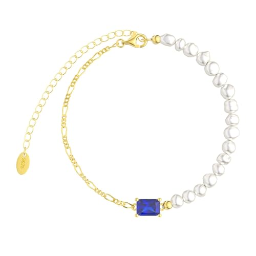 Lieson Armbänder Frauen Silber 925, Armkette Perlen und Figarokette mit Blau Zirkonia Gold Verstellbare 16CM, Geburtstag Muttertag Weihnachten Geschenk für Mama Ehefrau Freundin von Lieson