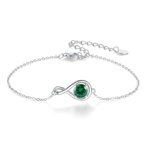 Lieson Armbänder Silber Damen 925, Gliederarmband Geburtsstein Mai Unendlichkeit mit Grün Zirkonia Silber Verstellbare 16.5CM, Geburtstag Geschenk für Mama Ehefrau Freundin von Lieson