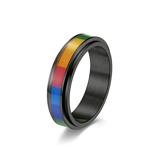 Lieson Damen Herren Ringe Edelstahl Partnerringe, Regenbogen LGBT 6MM Drehbar Verlobungsringe Freundschaftsringe Eheringe Hochzeitsringe für Herren Damen Schwarz Größe 52 (16.6) von Lieson