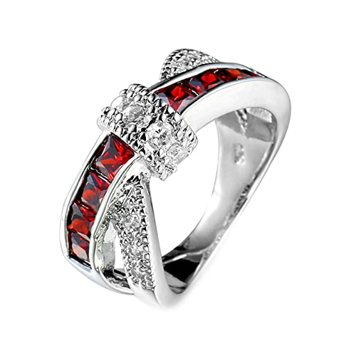 Lieson Damen Ringe Weißgold, Vergoldet Ringe Frauen Verdrehter Knoten Verlobungsringe Frauen Quadrat Rot Zirkonia Ring Größe 49 (15.6) von Lieson