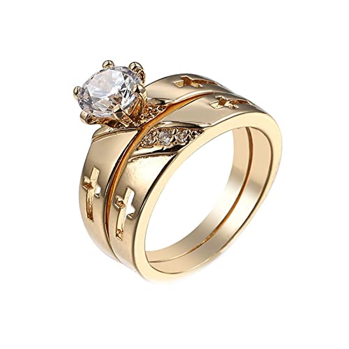 Lieson Damenring Gold, Ring Vergoldet Damen Kreuz mit Zwei Ringen Verlobungsringe Frauen Rund Weiß Zirkonia Ring Größe 60 (19.1) von Lieson