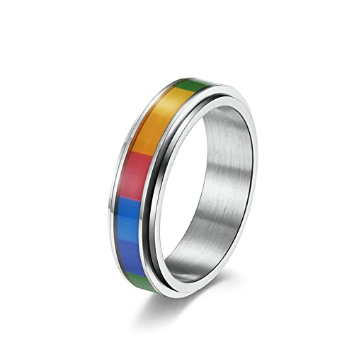 Lieson Edelstahlringe Damen Herren Partnerring, Regenbogen LGBT 6MM Drehbar Verlobungsringe Freundschaftsringe Eheringe Hochzeitsringe für Herren Damen Silber Größe 60 (19.1) von Lieson