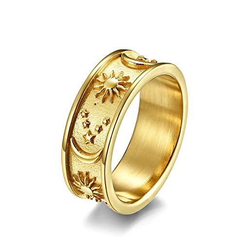 Lieson Ehering Damen Herren Edelstahl, Vintage Sonne Mond Stern 8MM Verlobungsringe Freundschaftsringe Hochzeitsringe Partnerringe für Herren Damen Gold Gr.57 (18.1) von Lieson